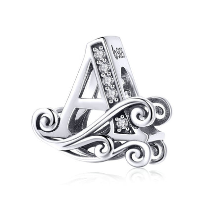 BAMOER 925 Sterling Silver Letter Vintage A to Z 26 Letter Charms Openwork CZ Alphabet Beads Fit Charm Bracelet BSC030