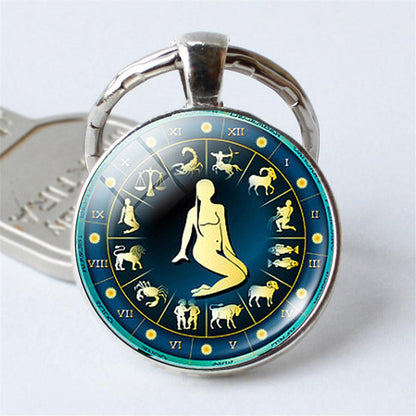 Time 12 Constellation Jewelry Key Chains Zodiac Signs Keychain Key Rings Bag Car Round Glass Cabochon Pendant Man Woman Gift