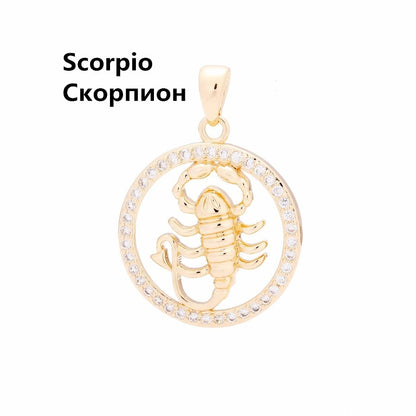 585 Rose Gold Color Women Men Round Cubic Zircon 12 Zodiac Pendants Constellation Jewelry