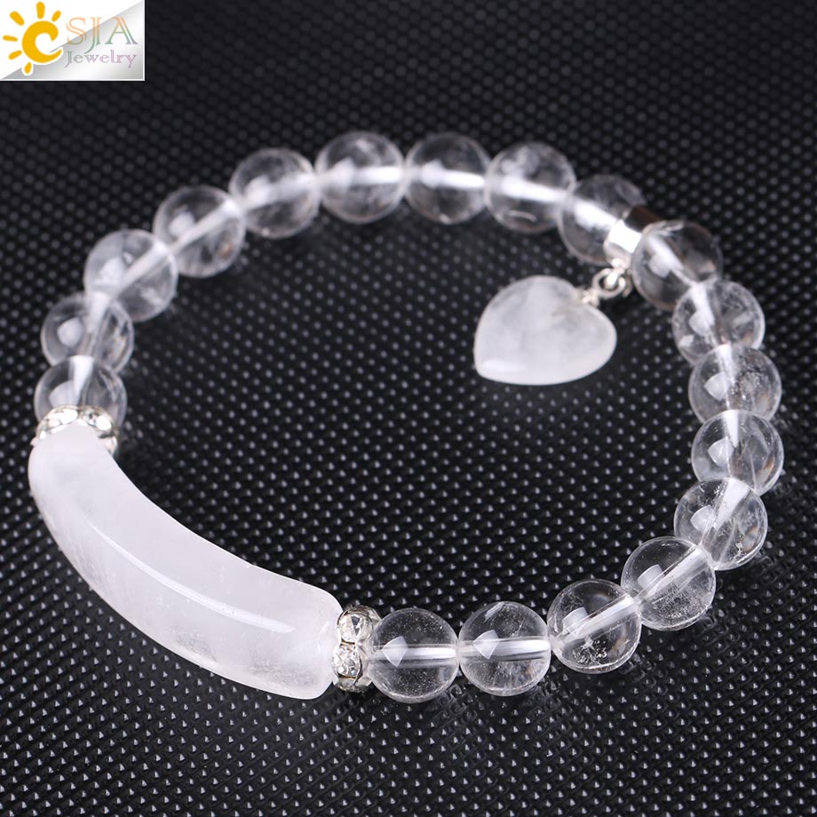 CSJA Reiki Boho Natural Gem Stone White Clear Quartz Rock Crystal Bracelet for Men Women Lover Heart Pendant Chakra Jewelry F277
