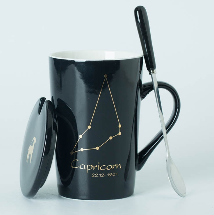 Ceramic Mugs 12 Constellations Creative Mugs with Spoon Lid Black and Gold Porcelain Zodiac Milk Coffee Cup Drinkware