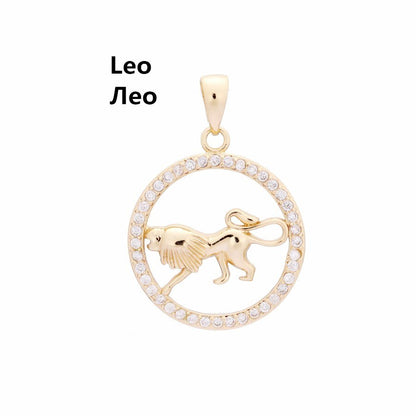 585 Rose Gold Color Women Enamel Round Cubic Zircon 12 Zodiac Pendants Constellation Jewelry