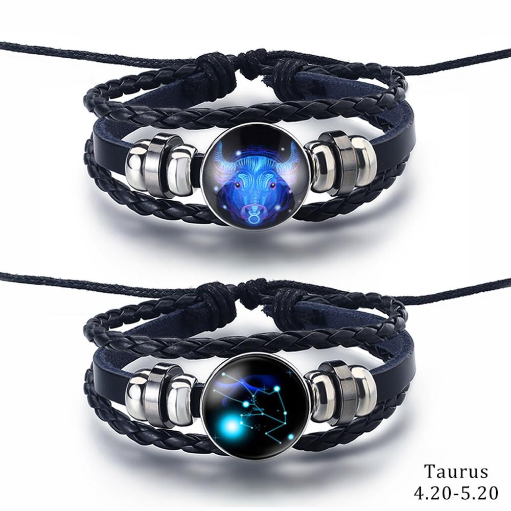 2PCS/Sets 12 Constellations Stainless Steel Leather Bracelet Charm 12 Zodiac Titanium Steel Bracelets Bangles Cuff Bracelet