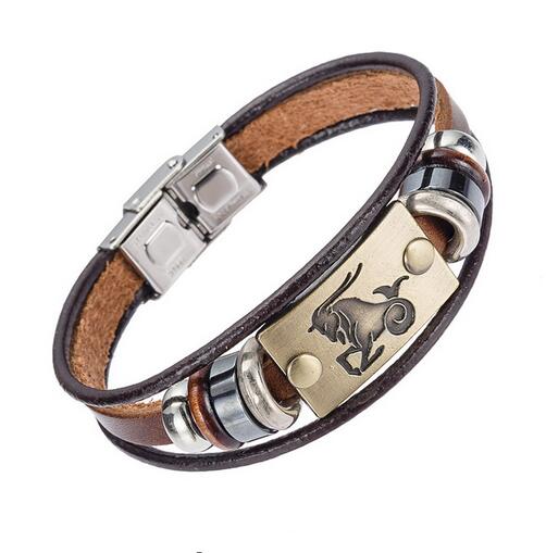 Drop Shipping Hot Fashion 12 Zodiac Signs Bracelet for Men Women Stainless Steel Clasps Genuine Leather Bracelet Men Jewelry