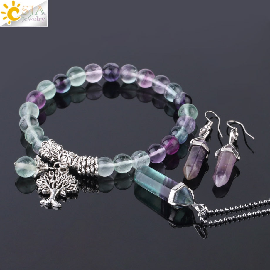 CSJA Reiki Natural Stone Jewelry Set for Women Men Fluorite Bracelet Hexagonal Bullet Shape Necklace Purple Crystal Earring F644