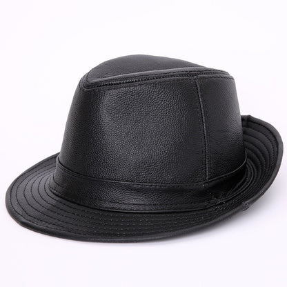 Male 100% Genuine Leather Jazz Hat Adult Fedoras Hat Male Sheepskin Fedoras Cap Men's Wide Brim Leather Cowboy Hat B-7284