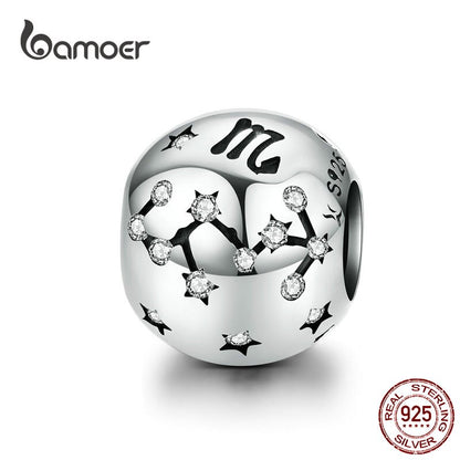 BAMOER Vintage 925 Sterling Silver Twelve Constellations Star Sign Zodiac Beads Charms fit Charm Bracelet Neckalce DIY