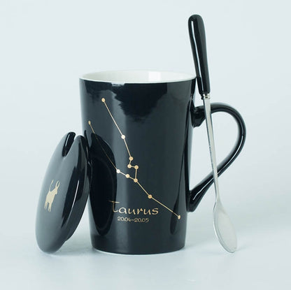 Ceramic Mugs 12 Constellations Creative Mugs with Spoon Lid Black and Gold Porcelain Zodiac Milk Coffee Cup Drinkware