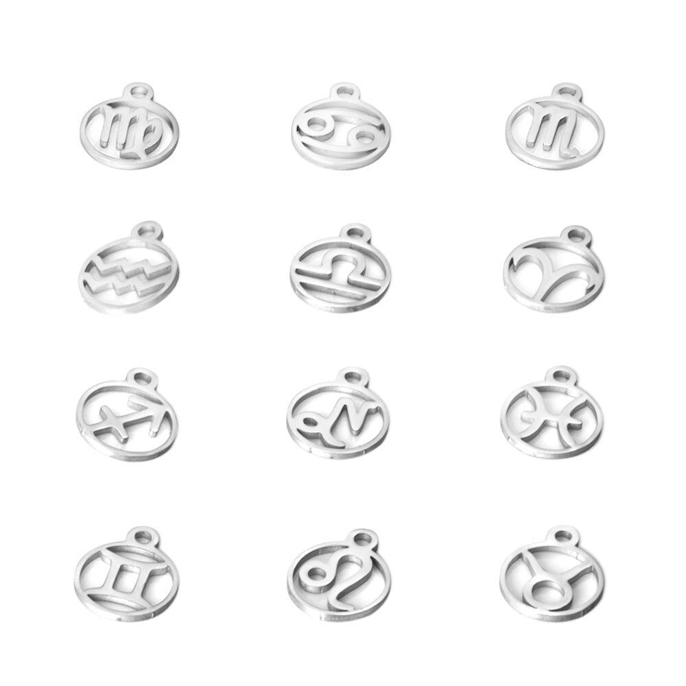 10pcs/lot Stainless Steel Laser Cutting 12 Zodiac Sign Charms Horoscope Icon DIY Metal Pendant for Jewelry Making