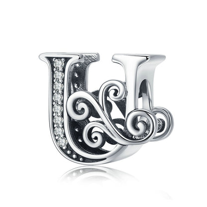 BAMOER 925 Sterling Silver Letter Vintage A to Z 26 Letter Charms Openwork CZ Alphabet Beads Fit Charm Bracelet BSC030