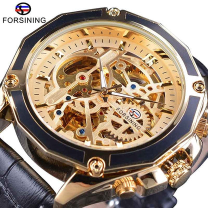 Forsining 2018 Royal Golden Skeleton Display Blue Hands Brown Genuine Leather Belt Mens Mechanical Wristwatches Clock Male