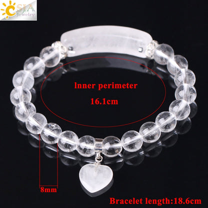 CSJA Reiki Boho Natural Gem Stone White Clear Quartz Rock Crystal Bracelet for Men Women Lover Heart Pendant Chakra Jewelry F277