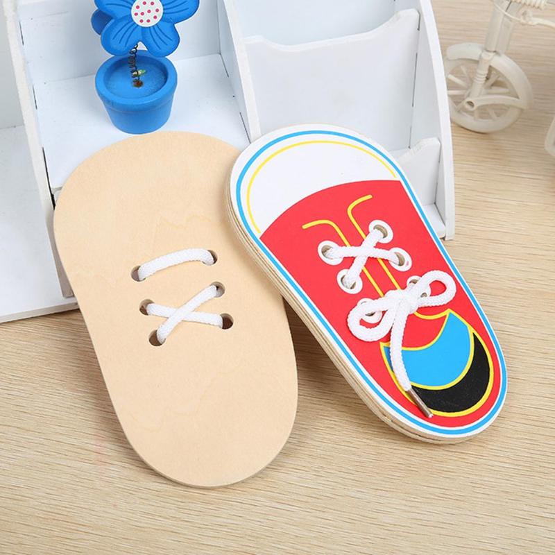 Kids Cute Wooden Shoes Clothes Puzzles Toys Children Montessori Early Learning Tie Shoelaces Puzzles Wood Beads Lacing Board