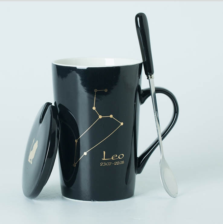 Ceramic Mugs 12 Constellations Creative Mugs with Spoon Lid Black and Gold Porcelain Zodiac Milk Coffee Cup Drinkware