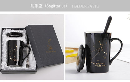 With Gift Box 12 Constellations Creative Ceramic Mugs with Spoon Lid Black and Gold Porcelain Zodiac Milk Coffee Cup 400ML Water