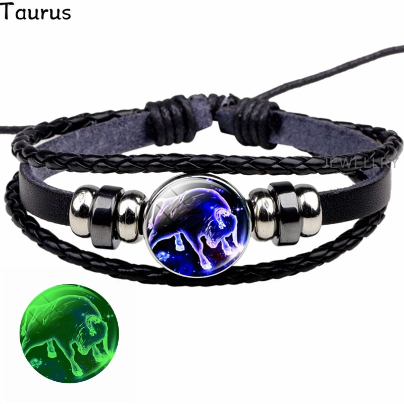 Glowing Constellation Bracelet Punk Luminous Jewelry Black Leather Woven Bracelet Glow In The Dark Zodiac Sign Luminous Bracelet