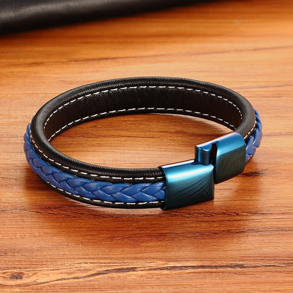 XQNI Classic Luxury Blue Color Leather Combination Stitching Blue Color Simple Buckle For Stainless Steel Leather Men's Bracelet