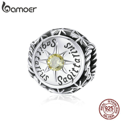 bamoer Zodiac Star Sign 925 Sterling Silver Charm Beads Fit for Charm Bracelets, 12 Constellations Cubic Zirconia Charm SCC1725