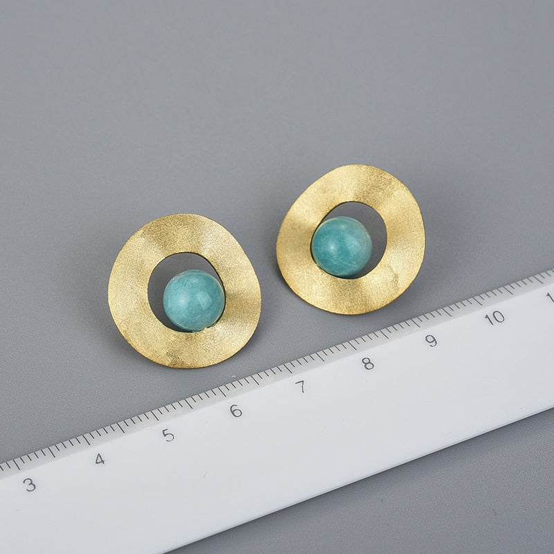 Lotus Fun Natural Gemstone Minimalist Style Uneven Round Stud Earrings Real 925 Sterling Silver 18K Gold Handmade Fine Jewelry