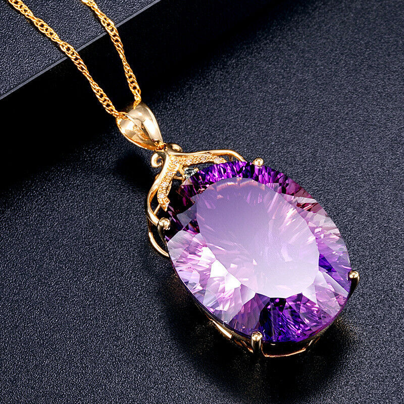 Gemstone Charm18k Gold Plated 36CT Amethyst Color Oval Crystal Pendant Necklace Lady Wedding Jewelry