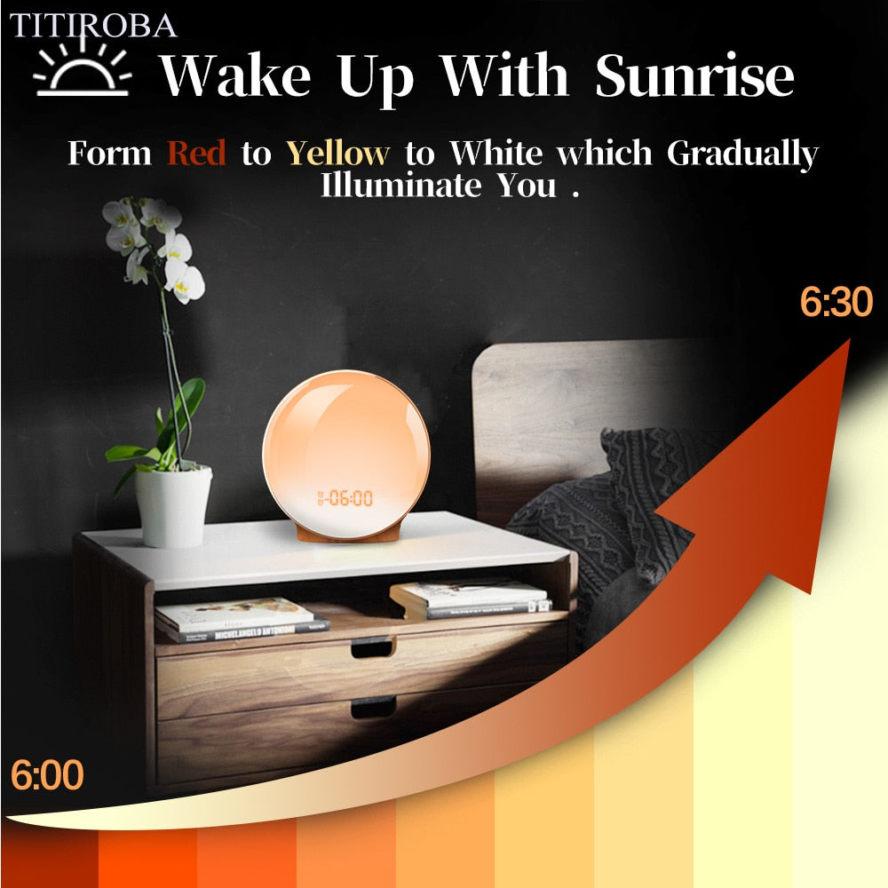 Digital Snooze Function Alarm Clock New Wake Up Light Clock Sunrise Sunset Light FM Function Alarm Clock for Daily Life
