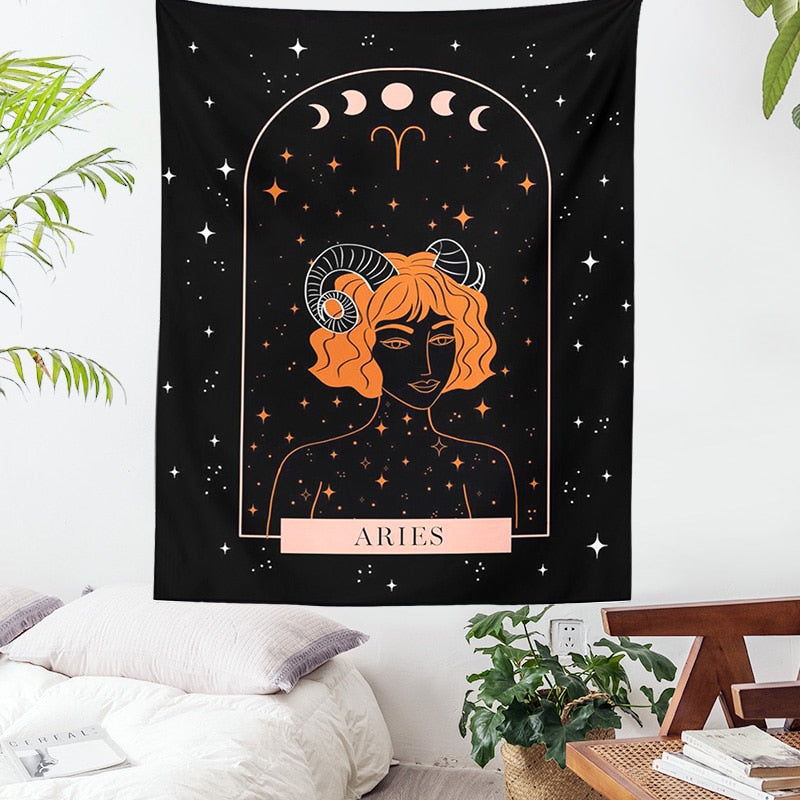 Tarot Constellation Tapestry Wall Hanging Moon Phase Tapestry Divination Beach Mat Sun Moon Constellations black Wall Decor