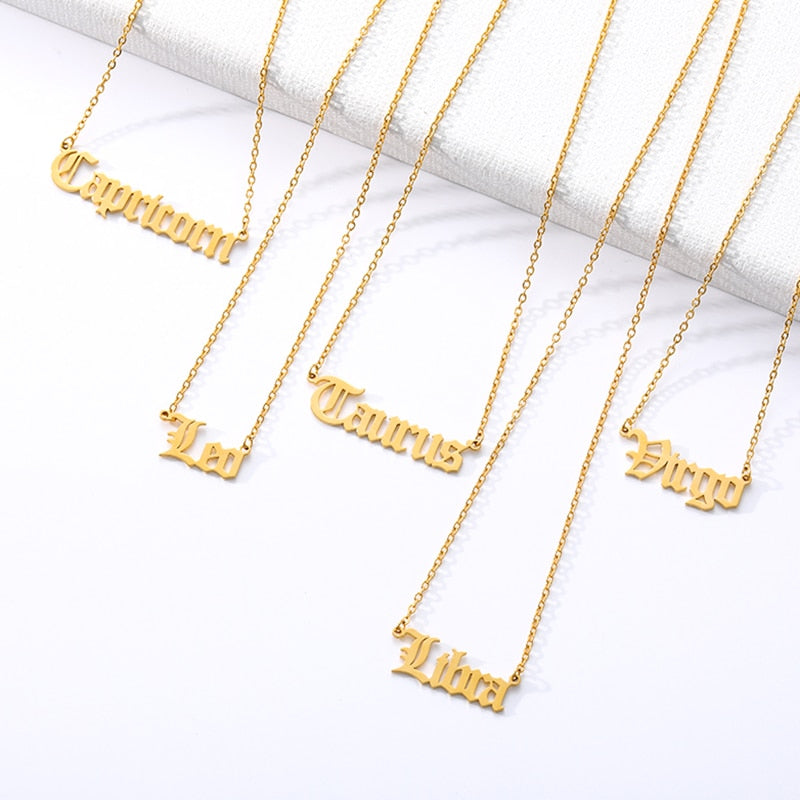 Old English Zodiac Sign Necklaces For Women Men Gold Color Stainless Steel Chain Constellations Pendant Necklace Jewelry