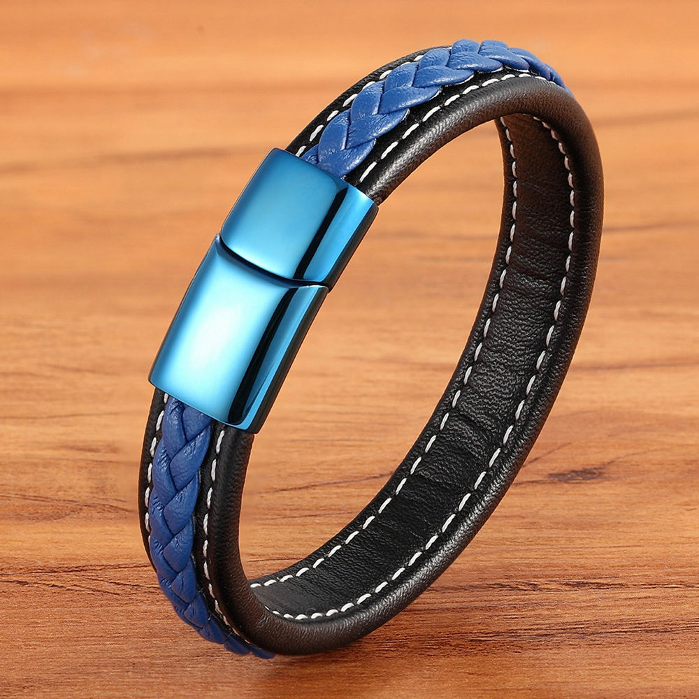 XQNI Classic Luxury Blue Color Leather Combination Stitching Blue Color Simple Buckle For Stainless Steel Leather Men's Bracelet