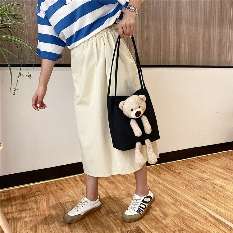 Cute Bear Women Canvas Handbags All-match Ladies Shoulder Bag Female Eco Reusable Shopping Bags Large Capacity Girls Casual Tote