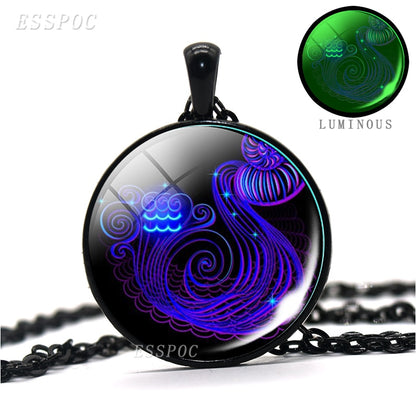 12 Constellations Necklace 12 Zodiac Signs Luminous Glass Cabochon Necklace Leo Virgo Cancer Libra Gemini Pisces Aries Necklace