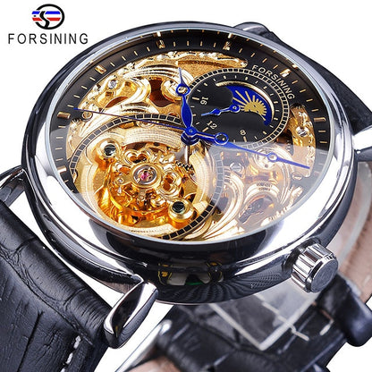 Forsining 2018 Royal Golden Skeleton Display Blue Hands Brown Genuine Leather Belt Mens Mechanical Wristwatches Clock Male