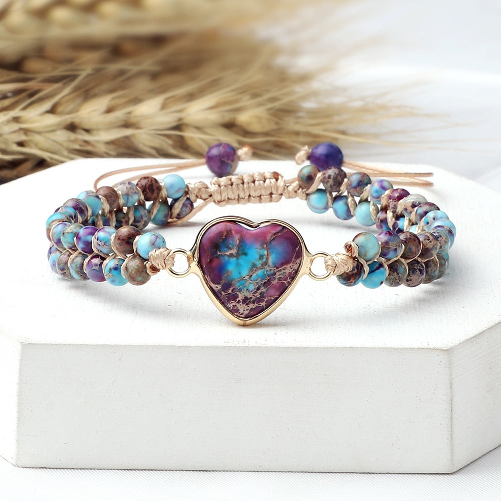 Emperor Stone Heart-Shape Pendant Beaded Bracelets Natural Stone Women Bohemia Chakra Braided Bracelet for Men Handmade Jewelry