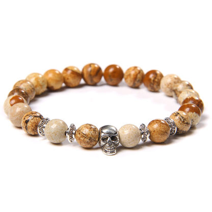 Skull Bracelets For Men Women Natural Stone Tiger Eye Bracelet Malachite Labradorite 8MM Beads Stretch Bangles Punk Jewelry