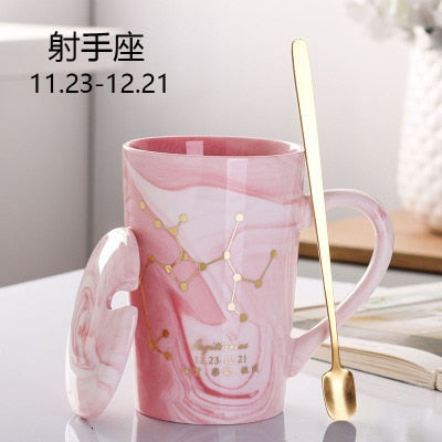 Natural Marble 12 Constellation Ceramic Pink Zodiac Mug With Lid Coffee Mugs Creative Personality Cup 380ml Cups And Mugs Xicara