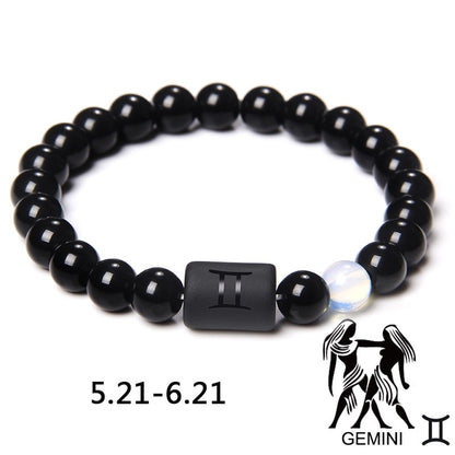 12 Constellation Zodiac Signs Beads Couples Bracelet Natural Black Onyx Stone Elastic Charm Bracelet for Women Men Birthday Gift