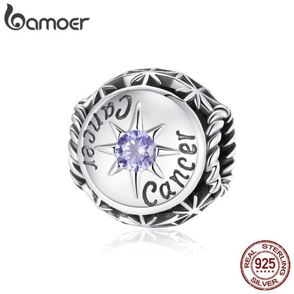 bamoer Zodiac Star Sign 925 Sterling Silver Charm Beads Fit for Charm Bracelets, 12 Constellations Cubic Zirconia Charm SCC1725