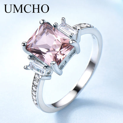 UMCHO Solid Sterling Silver Cushion Morganite Gemstone Rings For Women Engagement Anniversary Band Valentine's Gift Ring Set