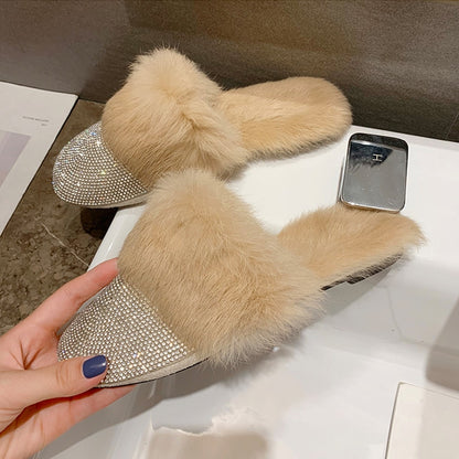 Big Size Slippers Female Ladies Designer Shoes Women Luxury 2023 Rhinestone Fur Crystal Slides Mules Slippers Furry Lady Shoes