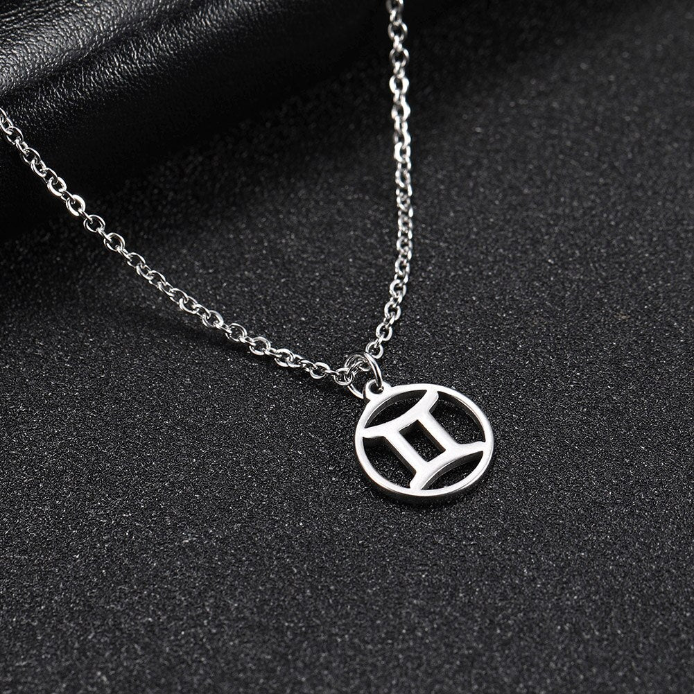 Skyrim Zodiac Libra Leo Pendant Necklace Women Sagittarius Taurus Cancer Virgo Stainless Steel 12 Constellation Necklaces Gift