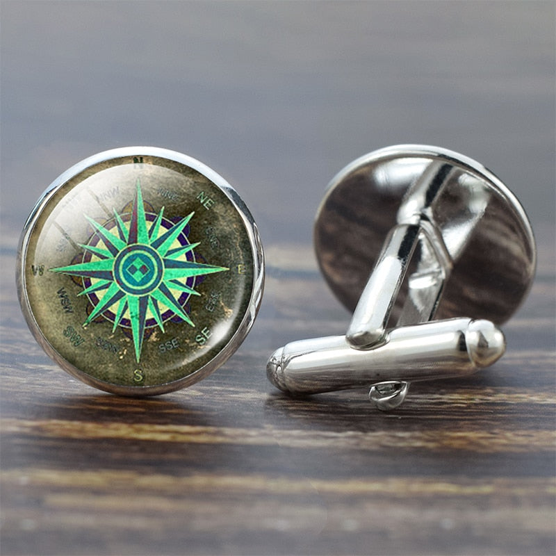 Compass Cuff Links Vintage Compass Clock Sailboat Pattern Alloy Cuff Links for Men Gift Glass Cabochon (It's Not A Real Compass)