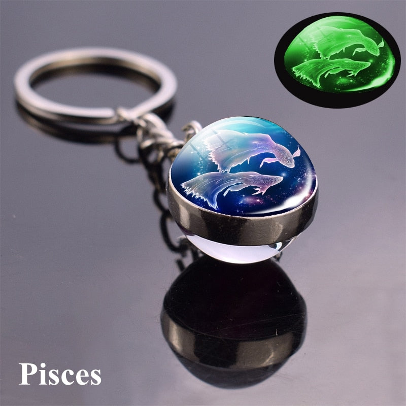 12 Constellation Luminous Keychain Glass Ball Pendant Zodiac Keychain Glow In The Dark Key Chain Holder Men Women Birthday Gift