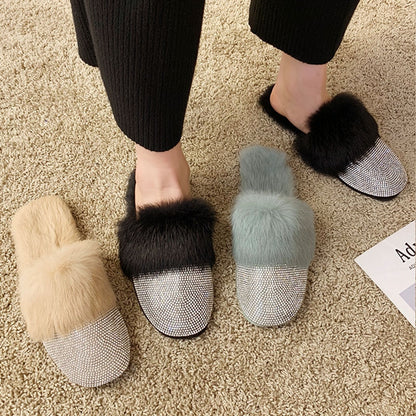 Big Size Slippers Female Ladies Designer Shoes Women Luxury 2023 Rhinestone Fur Crystal Slides Mules Slippers Furry Lady Shoes