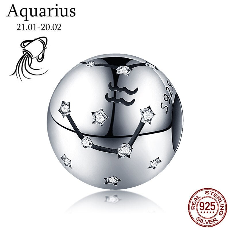 WOSTU 925 Sterling Silver Constellation Zodiac Bead Charm Aquarius Star Sign Fit Original Bracelet Women DIY Jewelry Party Gift