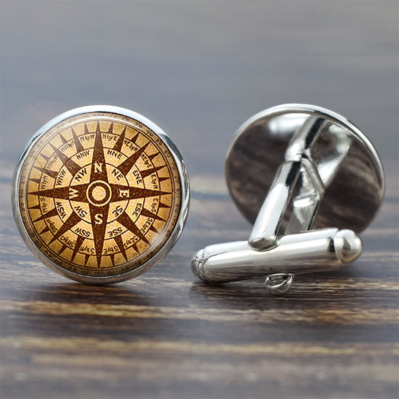 Compass Cuff Links Vintage Compass Clock Sailboat Pattern Alloy Cuff Links for Men Gift Glass Cabochon (It's Not A Real Compass)