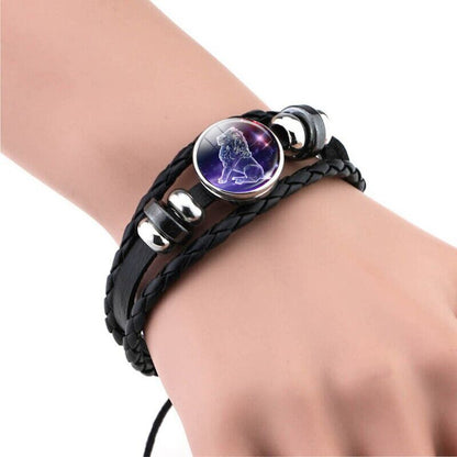 Glowing Constellation Bracelet Punk Luminous Jewelry Black Leather Woven Bracelet Glow In The Dark Zodiac Sign Luminous Bracelet