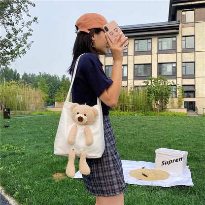 Cute Bear Women Canvas Handbags All-match Ladies Shoulder Bag Female Eco Reusable Shopping Bags Large Capacity Girls Casual Tote