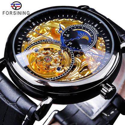 Forsining 2018 Royal Golden Skeleton Display Blue Hands Brown Genuine Leather Belt Mens Mechanical Wristwatches Clock Male