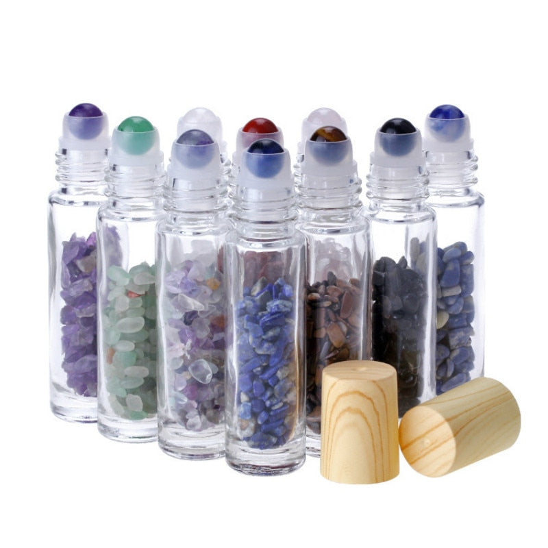 Natural Gemstone Jade Roller Bottle Plastic Wood Grain Lid Refillable Essential Oil Bottle 10ml 10pcs P230