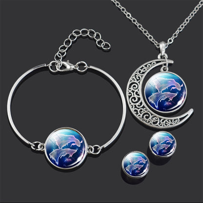 Constellation Jewelry Set 12 Zodiac Signs Glass Cabochon Necklace Bracelet Earrings Set Women 4PCS Jewelry Set Birthday Gifts