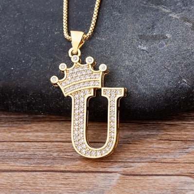 Nidin New Luxury Copper Zircon AZ Crown Alphabet Pendant Chain Necklace Hip-Hop Style Fashion Woman Man Initial Name Jewelry